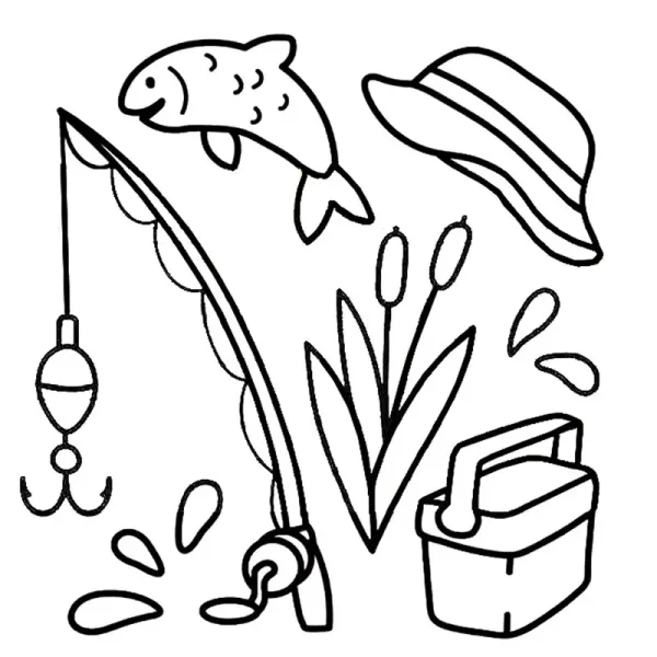 Fishing-themed elements including fish, fishing rod — free printable fishing coloring book page