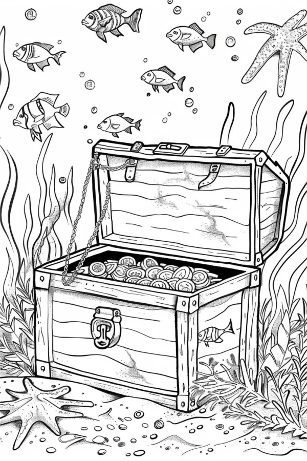 Underwater treasure chest filled with gold coins, cartoon style — free printable treasure coloring book page