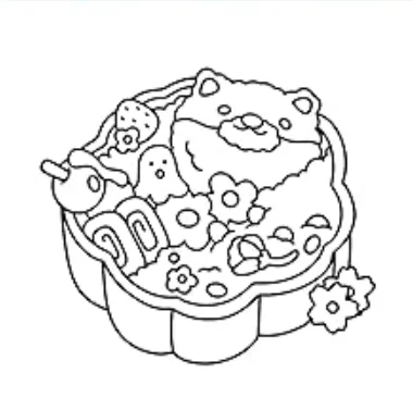 Cute bear-shaped dessert in a flower-shaped container, cartoon style — free coloring book page