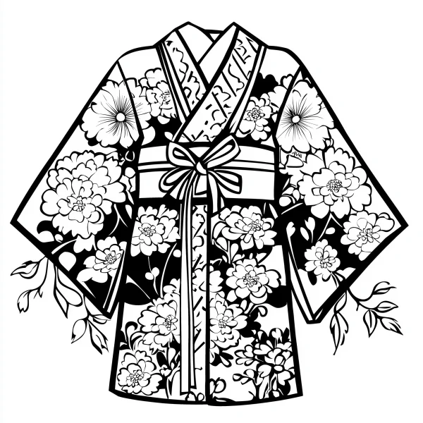 Kimono decorated with peonies and intricate floral patterns, japanese traditional style — free printable clothing coloring book page