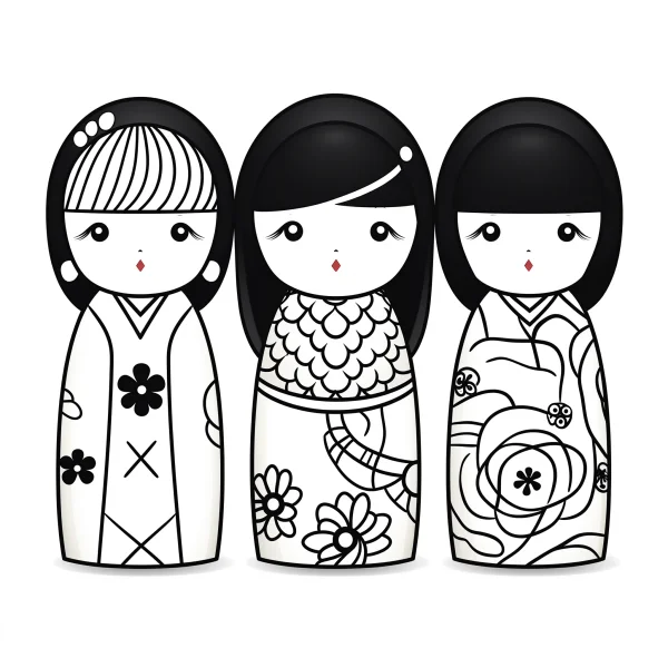 Three cute japanese kokeshi dolls in traditional kimono, japanese cartoon style — free printable dolls coloring book page