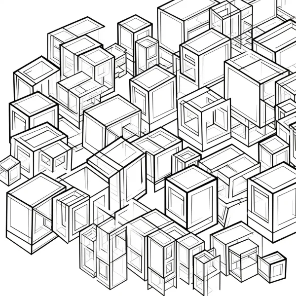 Group of 3d geometric cubes, abstract geometric style — free printable geometry coloring book page