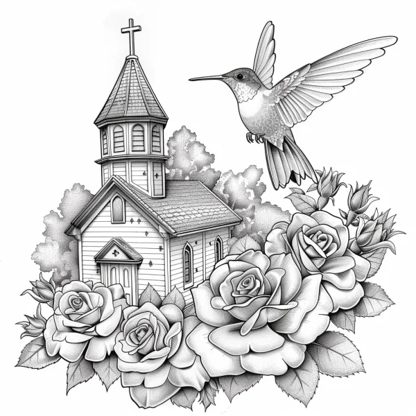 Church with a cross, hummingbird in flight — free printable scenes coloring book page
