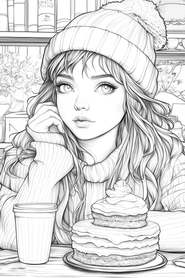 A girl wearing a knit beanie and knitted sweater, resting her chin on her hand — free printable daily leisure coloring book page