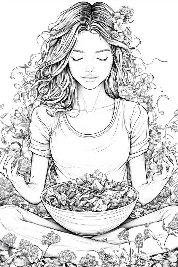 Meditating girl with flowers in hair, sitting cross-legged holding a bowl of flowers — free printable meditation coloring book page