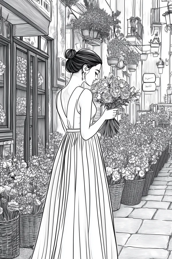 Girl in long dress holding rose bouquet, realistic illustration style — free printable street view coloring book page