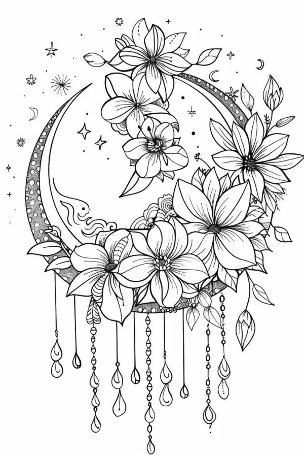 Coloring book page, floral decorated crescent moon — free printable dreamy coloring book page