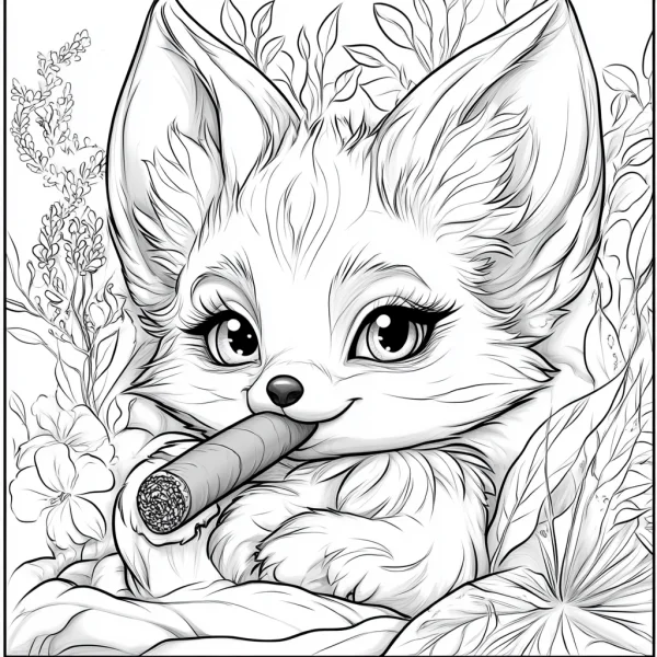 Cartoon little fox with a cigar in mouth, surrounded by flowers — free printable fun life coloring book page