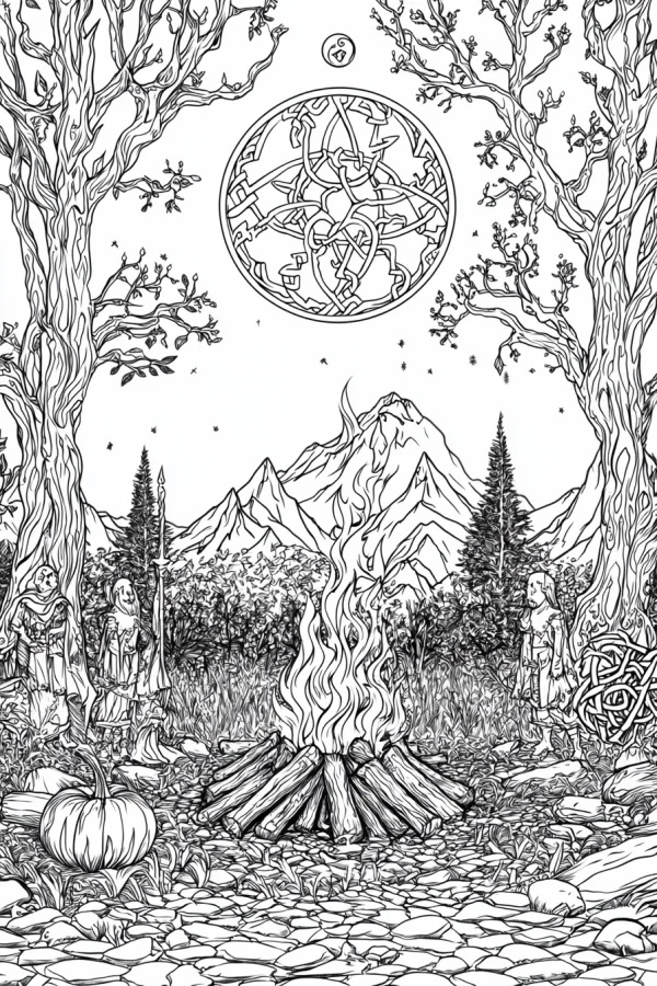 Coloring book page, fantasy forest scene with campfire — free printable celtic culture coloring book page