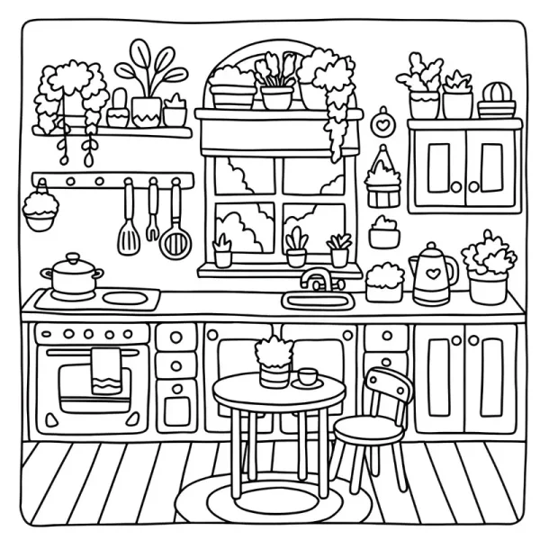 Cozy kitchen scene with various potted plants and kitchenware, cartoon style — free printable kitchen coloring book page