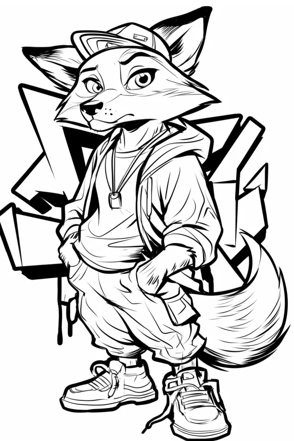 Anthropomorphic fox in street style, wearing baseball cap — free printable street coloring book page