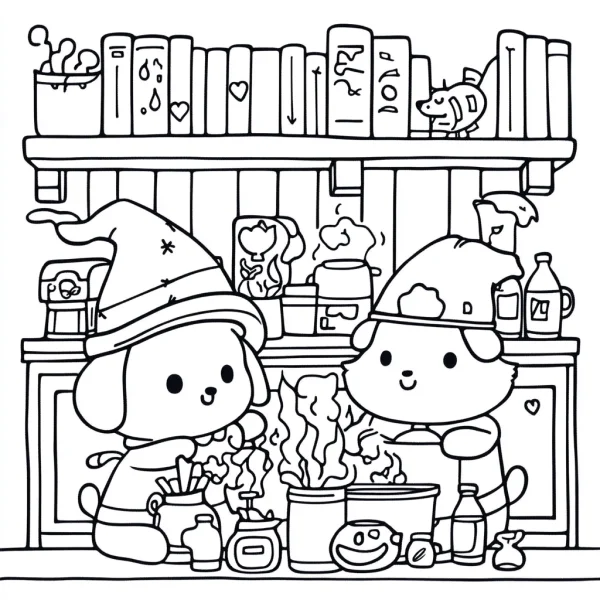 Two anthropomorphic dogs wearing wizard and chef hats, making magic potions in cozy kitchen with bookshelf — free printable kitchen coloring book page