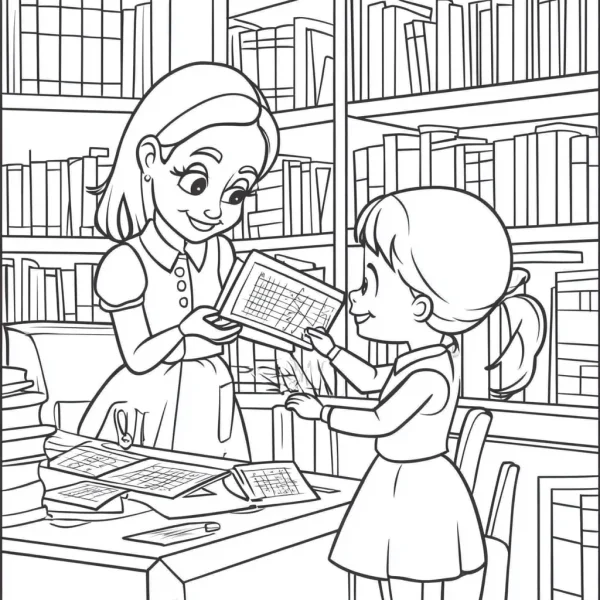 Cartoon teacher and student interacting in a library, warm and innocent atmosphere — free printable library coloring book page