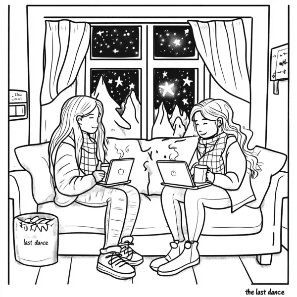 Two girls using laptops on sofa, cozy home night scene with starry sky and mountains outside window — free printable night coloring book page