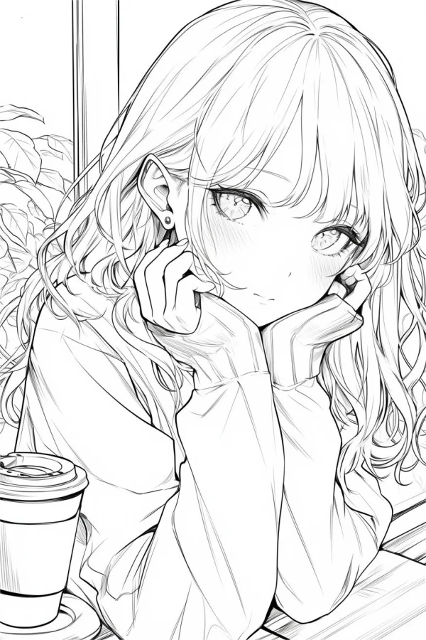 Coloring book page, anime long-haired girl resting her chin on hands — free printable character theme coloring book page