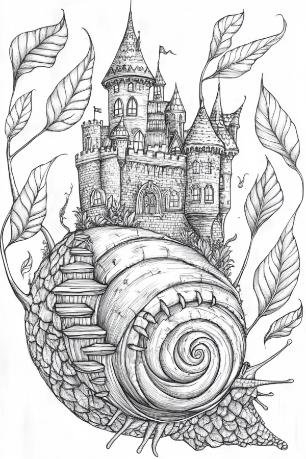 Castle on snail's back, fantasy illustration style — free printable scenes coloring book page