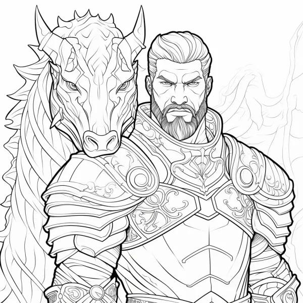 Armored knight with a majestic dragon, fantasy style — free printable knight coloring book page
