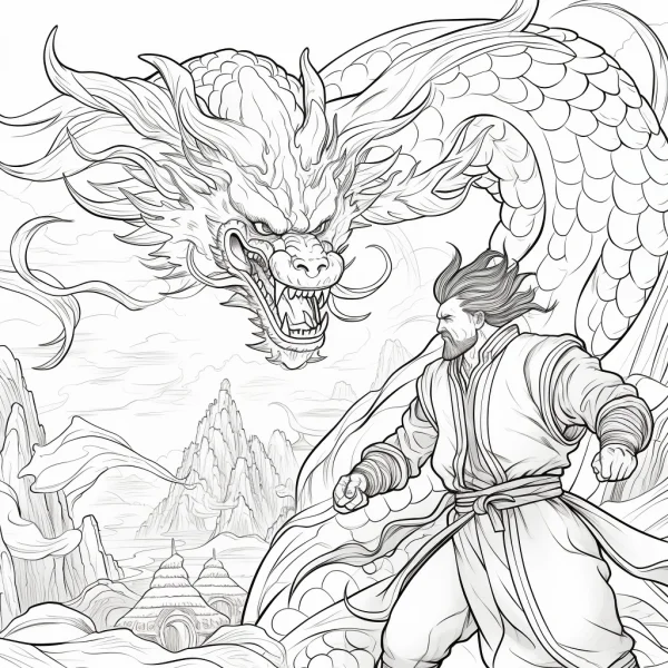 Chinese dragon confronting a martial arts warrior, chinese wuxia fantasy style — free printable martial arts coloring book page