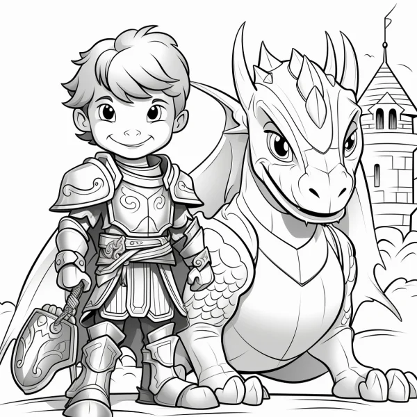 Cartoon little boy knight and cute dragon, cartoon style — free printable knight coloring book page