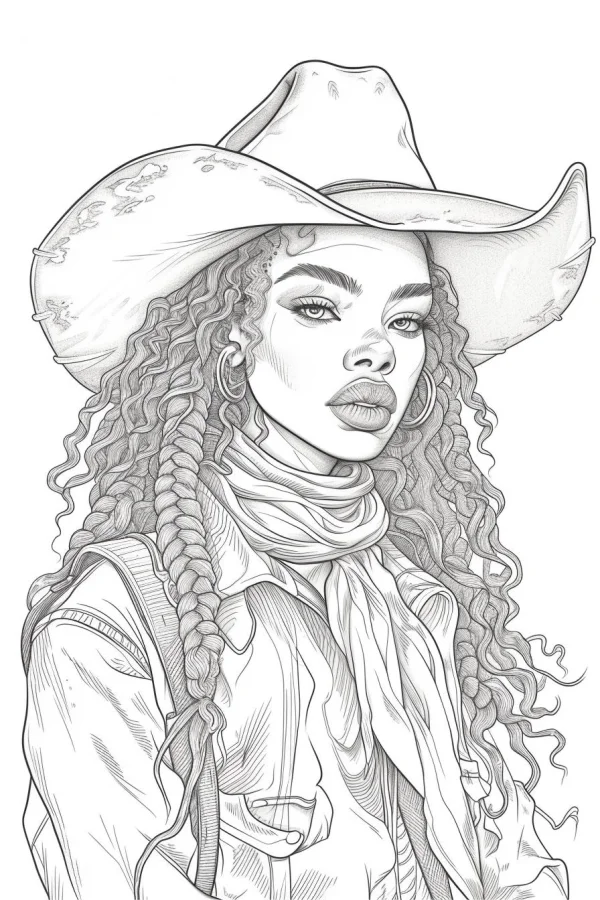 Portrait of a curly-haired cowgirl with braids, wearing cowboy hat — free printable western cowboy coloring book page