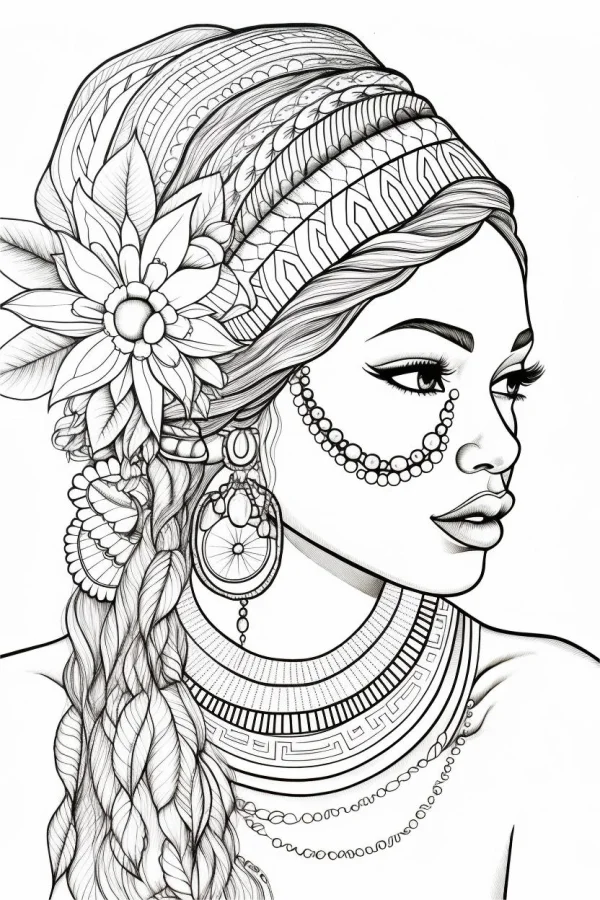 African style decorated woman in profile, with braid — free printable female coloring book page