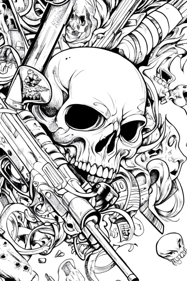 Skull holding a gun, gothic style — free printable military coloring book page