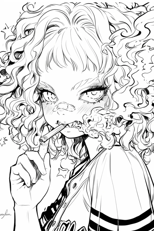 Cool curly-haired girl smoking a cigarette, street cartoon style — free printable street coloring book page