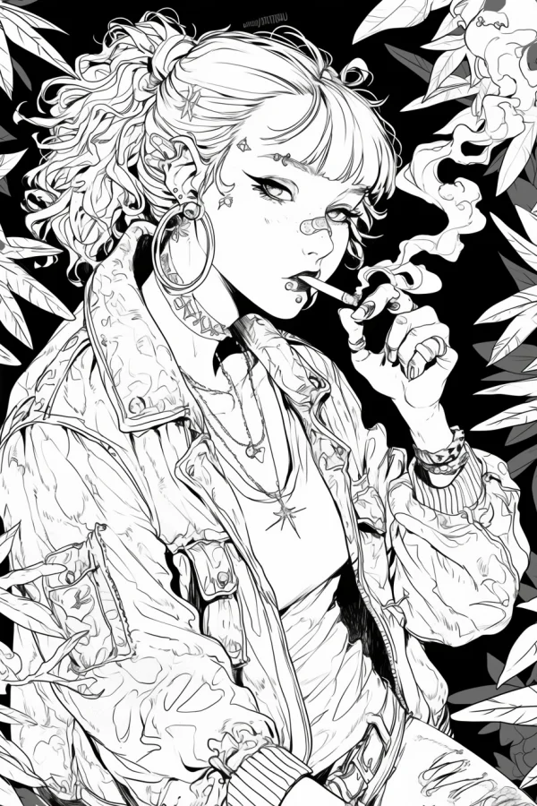 Coloring book page, street-style cool girl with curly hair — free printable street coloring book page