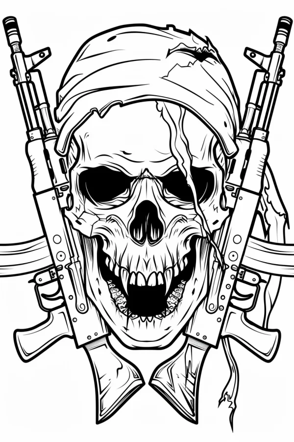 Horror skull wearing a tattered bandana holding two assault rifles, dark gothic style — free printable military coloring book page