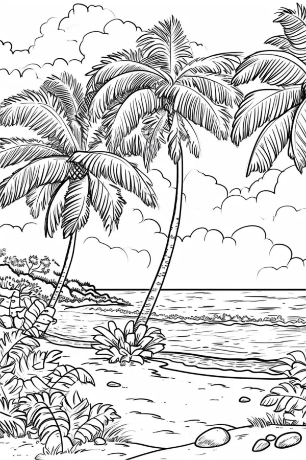 Tropical beach scene with palm trees, sketch style — free printable tropical plants coloring book page