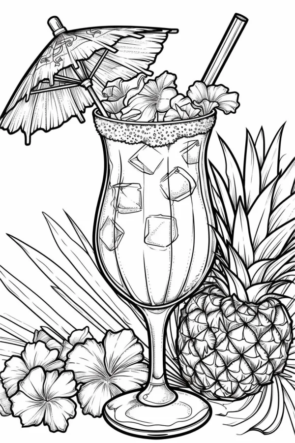 Tropical decorated cocktail in tall glass with pineapple and hibiscus flowers, realistic line art — free printable tropical plants coloring book page