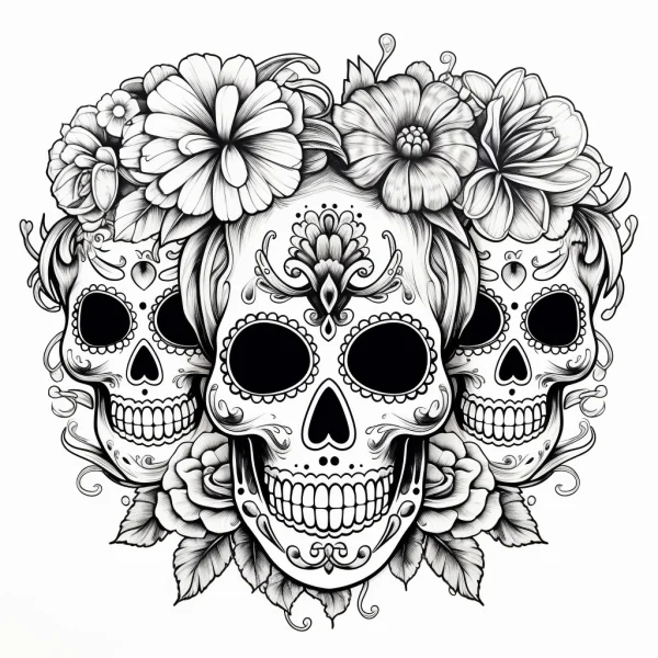 Three day of the dead sugar skulls surrounded by various flowers and leaves, mexican folk art style — free printable mexican culture coloring book page