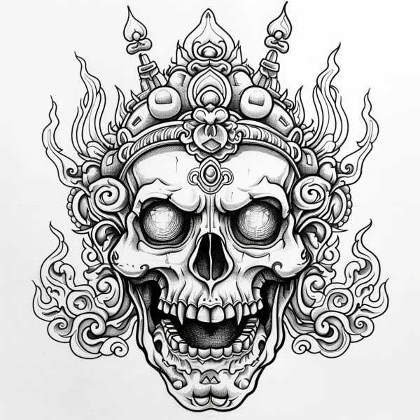 Ornate decorative horror skull with southeast asian gothic style, intricate scroll patterns — free printable southeast asia coloring book page