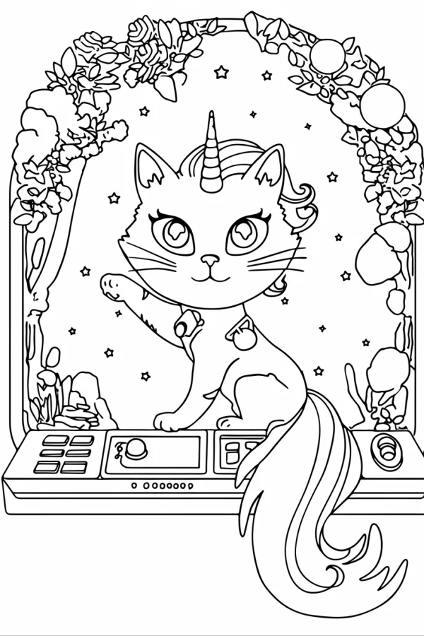 Cute unicorn cat on arcade game machine, cartoon style — free printable games coloring book page
