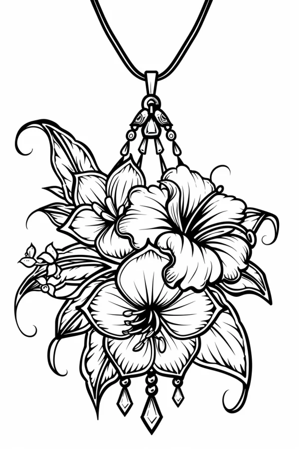 Ornate floral pendant, decorative art style — free printable jewelry coloring book page