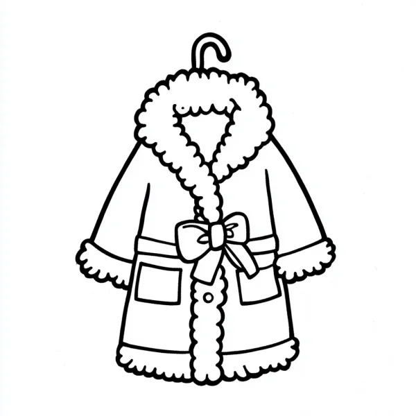 Christmas-style plush coat with bow on hanger, cartoon style — free printable clothing coloring book page