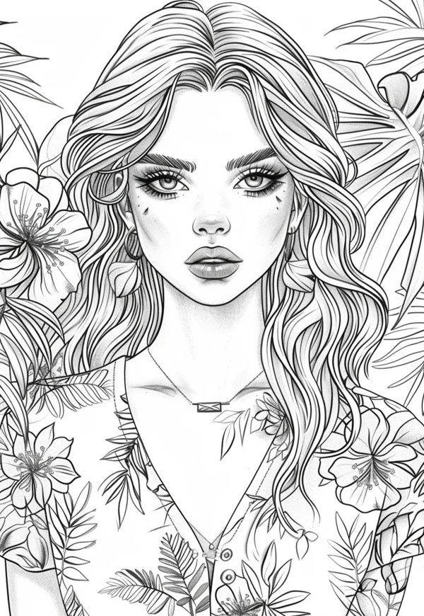 Curly-haired girl surrounded by tropical hibiscus flowers and leaves, realistic illustration style — free printable tropical style coloring book page