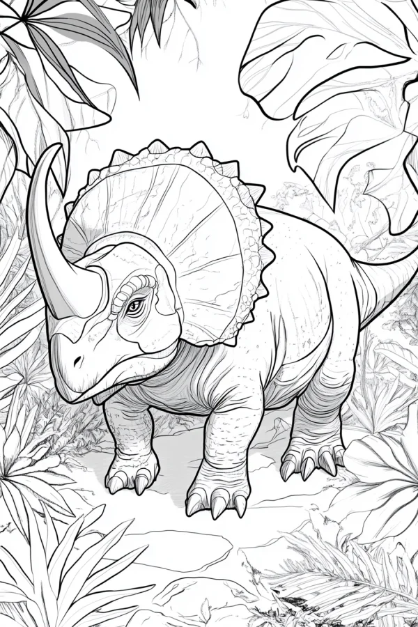 Triceratops dinosaur, sketch art style — free printable jungle coloring book page