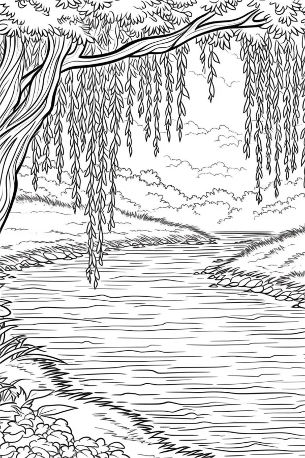 Weeping willow over river landscape, sketch style — free printable trees coloring book page