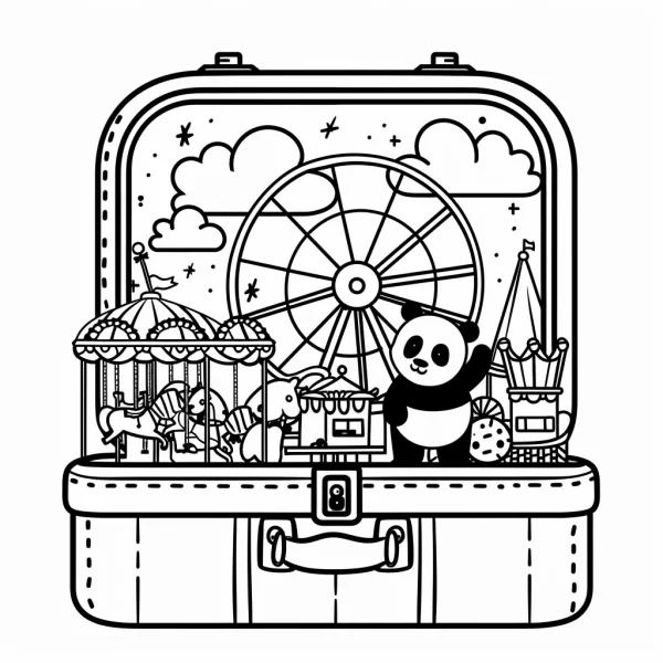 Panda with amusement park scene inside a suitcase, cartoon style — free printable theme park coloring book page