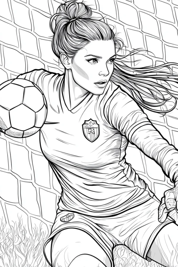 Female soccer goalkeeper, realistic illustration style — free printable soccer coloring book page