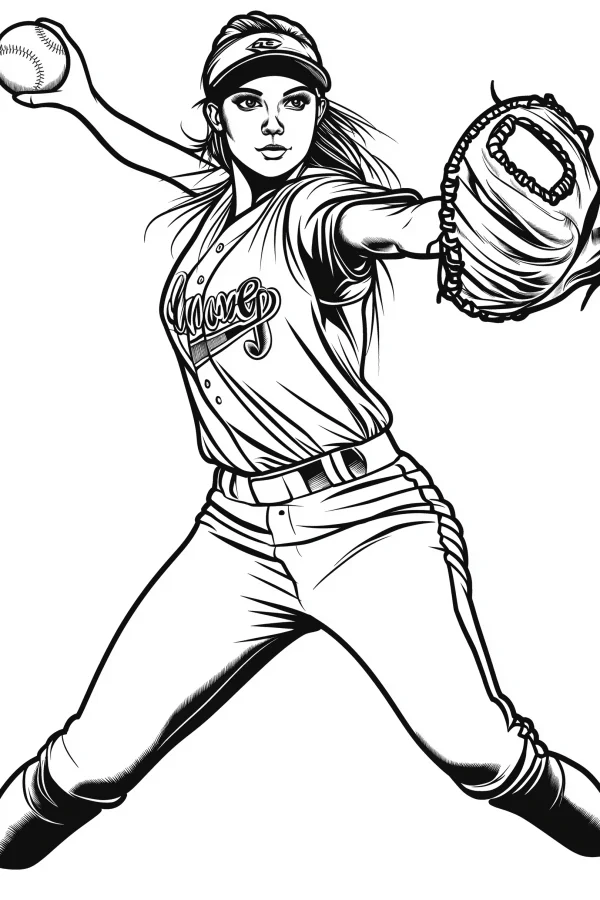 Female baseball pitcher in throwing pose, american illustration style — free printable athlete coloring book page