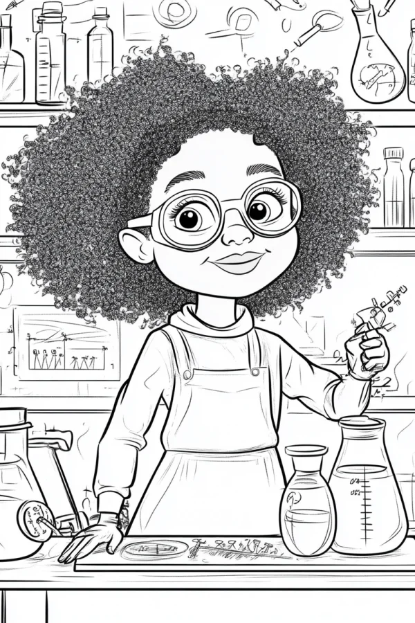 Cute curly-haired little scientist girl with round glasses in a laboratory, cartoon style — free printable science experiments coloring book page