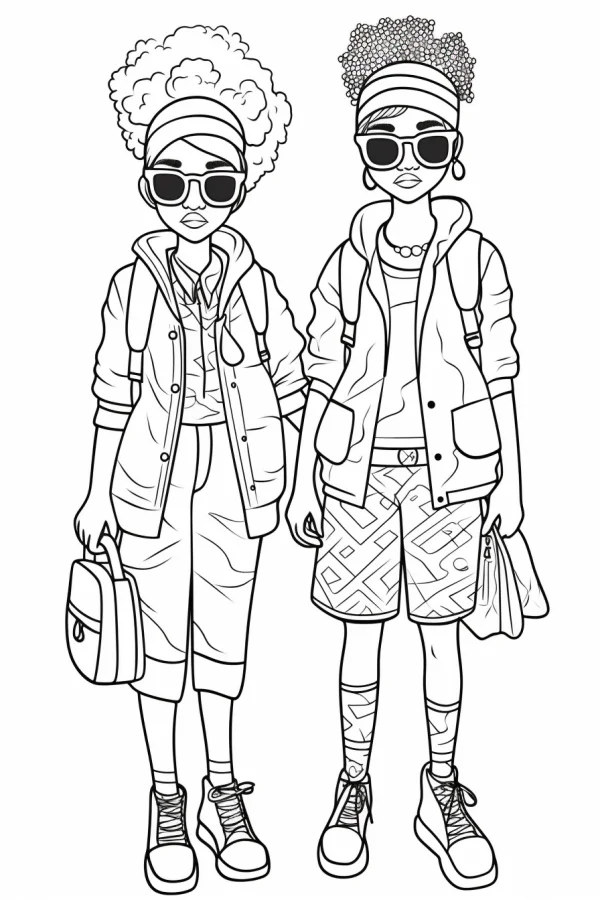 Two trendy young characters with afro and curly hair, cartoon style — free printable daily commute coloring book page
