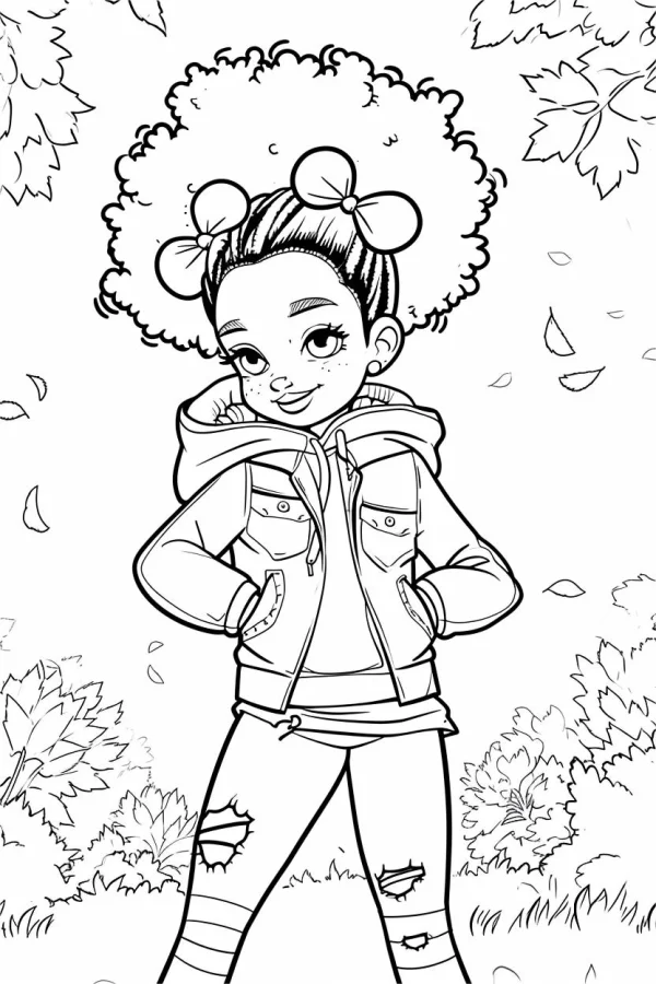 Curly-haired fashion girl with bow knots, cartoon style — free printable children's life coloring book page