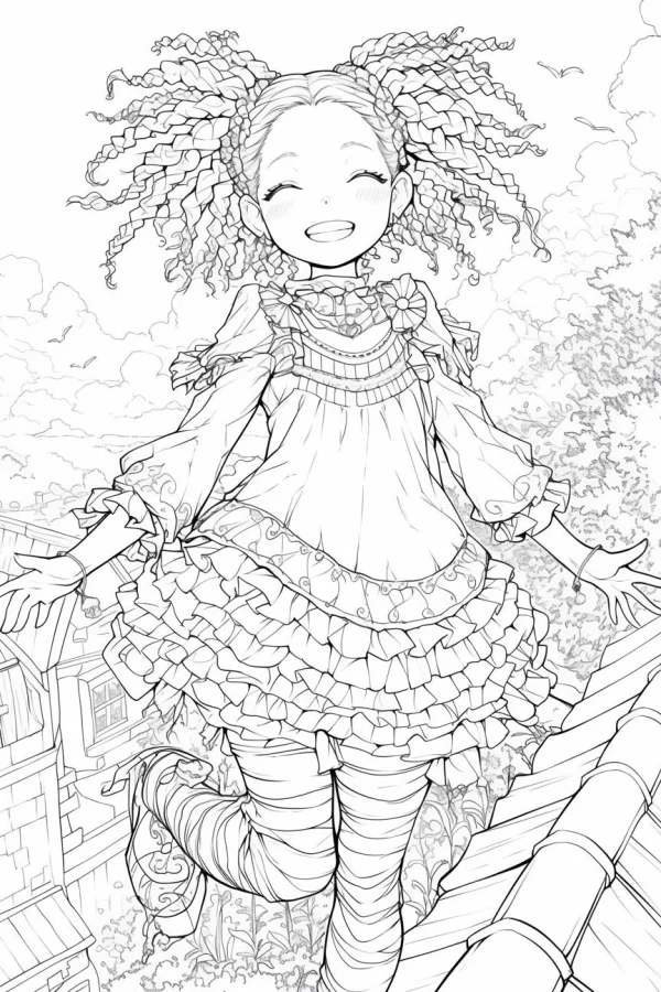 Curly-haired little girl in frilly dress and striped tights, cartoon style — free printable children's life coloring book page