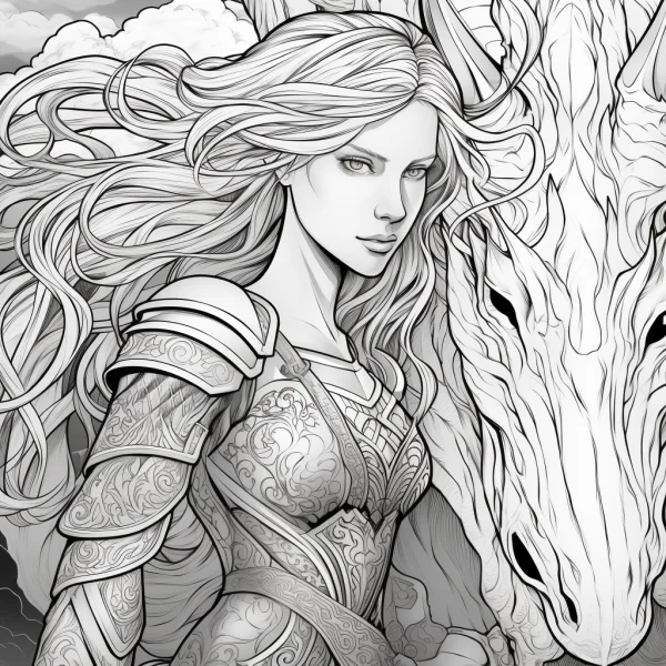 Female knight with white dragon, fantasy style — free printable knight coloring book page