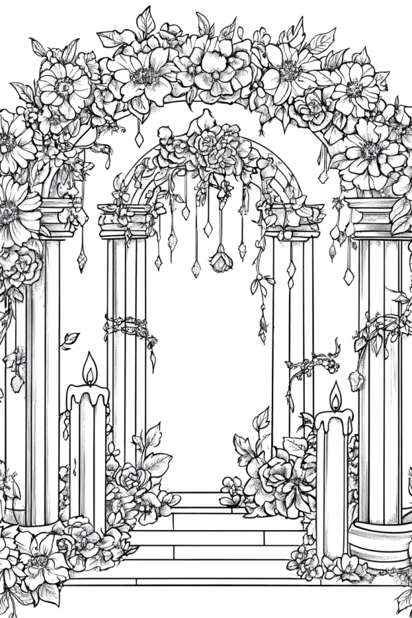 Floral-decorated classical archway with stone columns, fine smooth organic lines — free printable classical architecture coloring book page