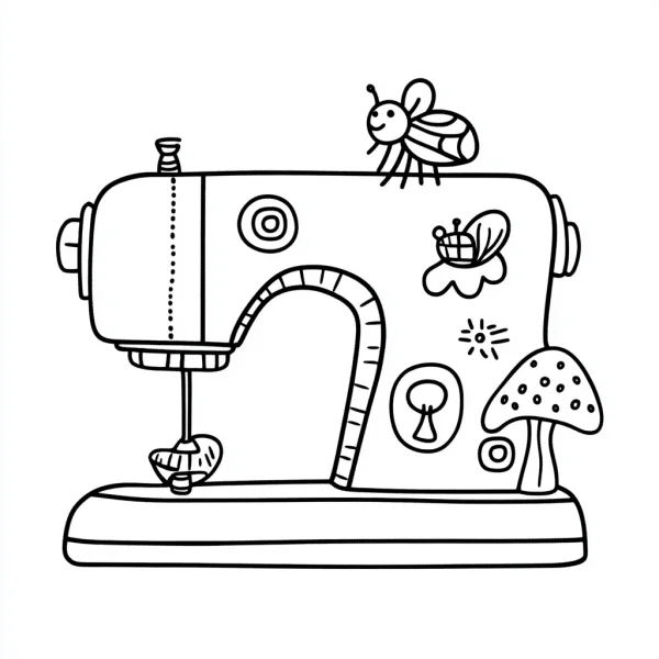 Cute cartoon sewing machine with a bee on top, decorated with butterfly pattern and accompanied by a mushroom — free printable handmade diy coloring book page