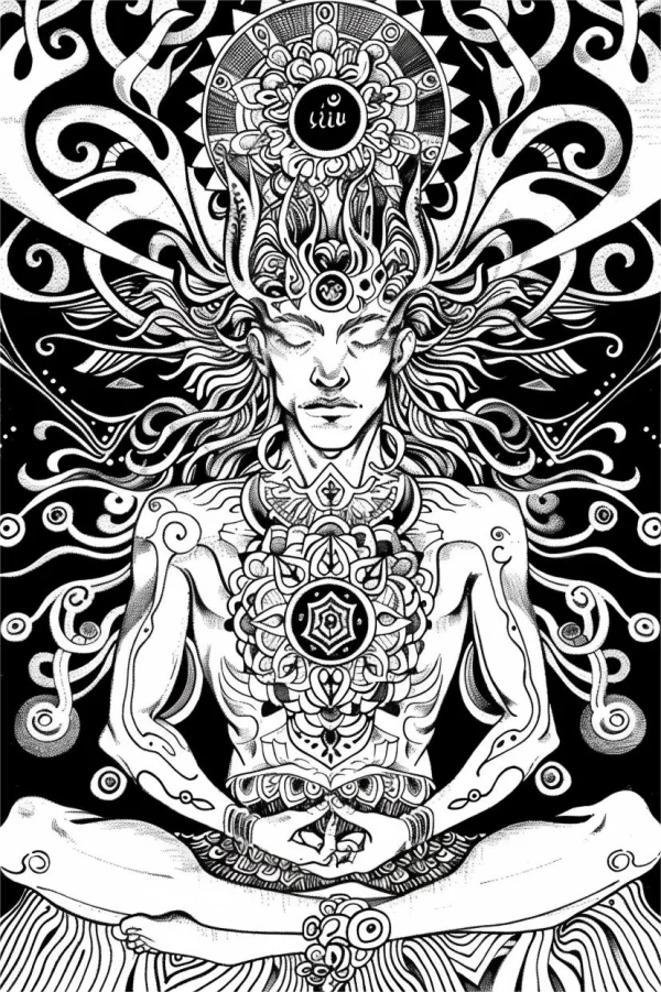 Meditating yogi with intricate mandala patterns on chest and head, surrounded by organic swirling vines — free printable meditation coloring book page